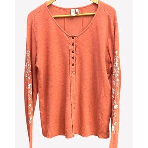 Aventura Organic Cotton Orange Henley Top Boho Embroidered Long Sleeve Eco
